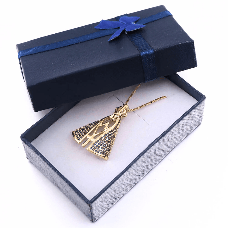 Colar Feminino Nossa Senhora Aparecida Banhado a Ouro 18k + Pedras de Zircônia (Dupla Face)